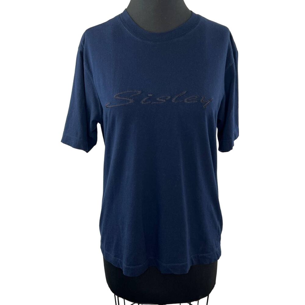 Vintage SISLEY Relaxed Elegance Navy Blue Embroidered Logo Short Sleeve Shirt L